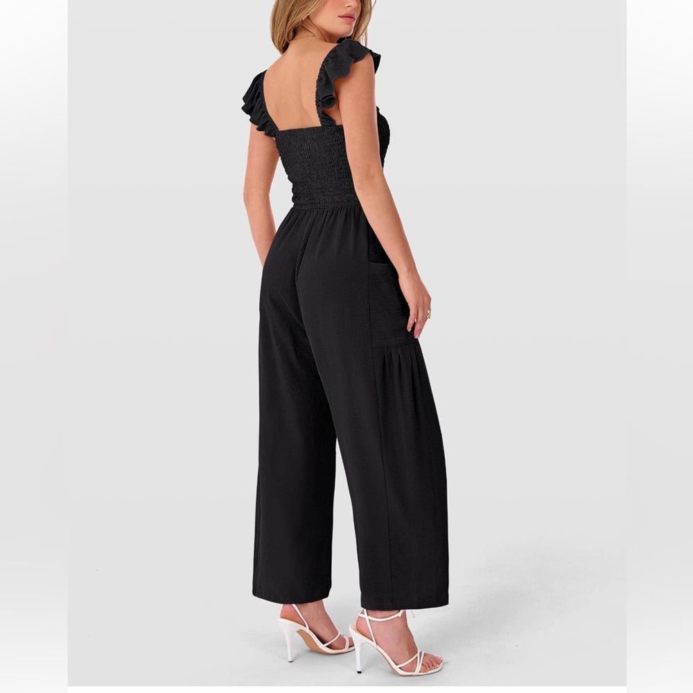 Inspired Hearts Black Ruffle-Strap Wide-Leg Jumpsuit
